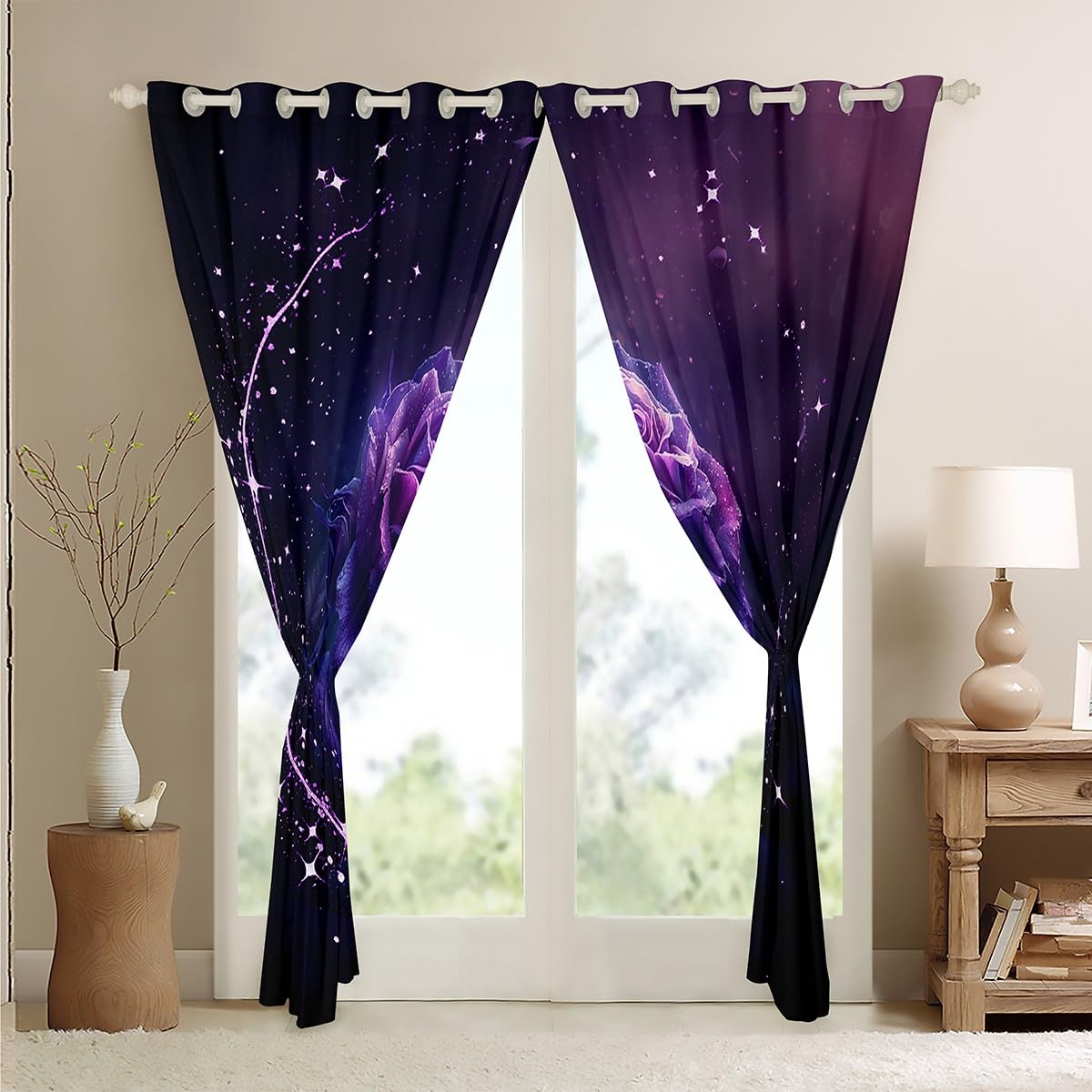 Erosebridal Black and Purple Rose Curtains,Romantic Purple Floral Curtains Blackout for Couples Bedroom,Funky Flower Curtains Valentines Gifts Modern Flowers Window Curtains 2 Panels 42" Wx63 L
