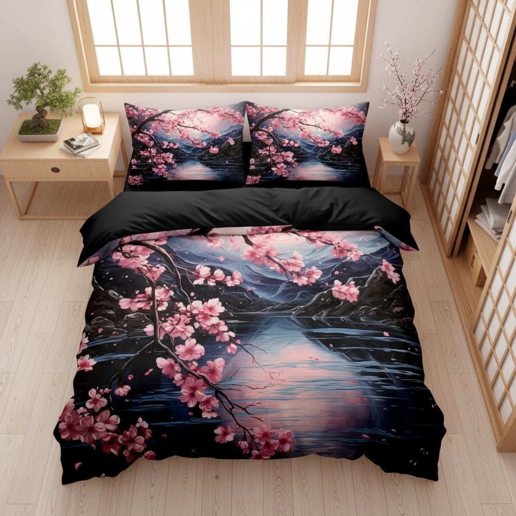 CCoutueChen Cherry Blossoms Bedding Set Queen Size, Black Pink Japanese Comforter Set for Girls, 3Pcs Soft Microfiber Quilted Set with 2 Pillowcases, 90"x90"