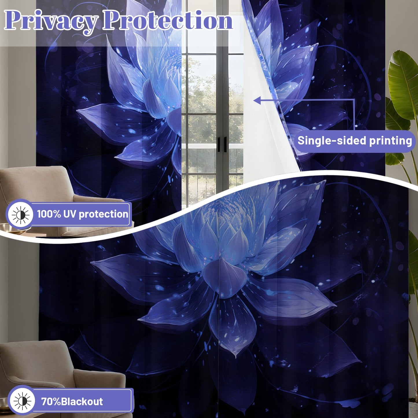 soeeao Royal Blue Lotus Blackout Curtains, Black and Navy Blue Lotus Flower Window Drapes for Bedroom Living Room, 84 inch Length 2 Panels Set, 52x84 inch
