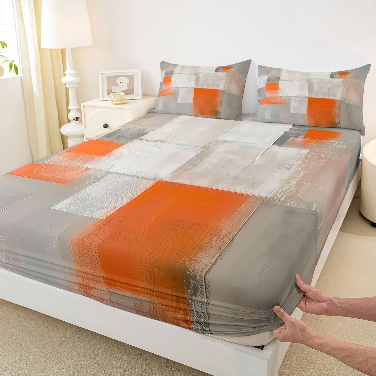 jejeloiu Abstract Fitted Sheet with 2 Pillowcases Full Size Orange Ombre Bed Sheets Set 16" Deep Pocket Boys Girls Modern Art Bedding Luxury Teens Bedroom Decor Breathable Soft Lightweight Microfiber