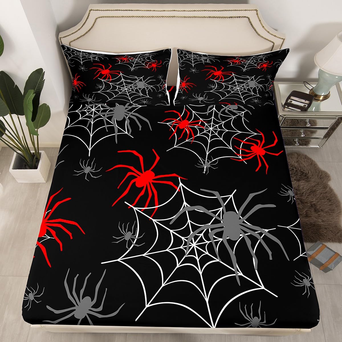 Red Black White Cobweb Fitted Sheet Full Size, Scary Halloween Decorations Bed Sheet Set Scary Spider Bedding Set Kids Toddler Red Black Gray Animal Bed Cover (2 Pillow Cases and a Fitted Sheet)