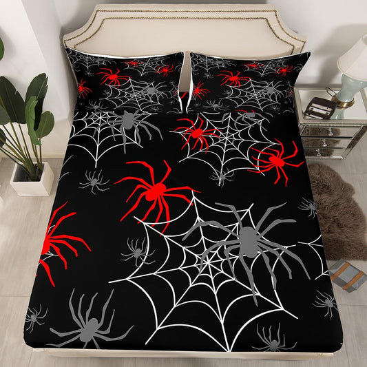 Red Black White Cobweb Fitted Sheet Full Size, Scary Halloween Decorations Bed Sheet Set Scary Spider Bedding Set Kids Toddler Red Black Gray Animal Bed Cover (2 Pillow Cases and a Fitted Sheet)