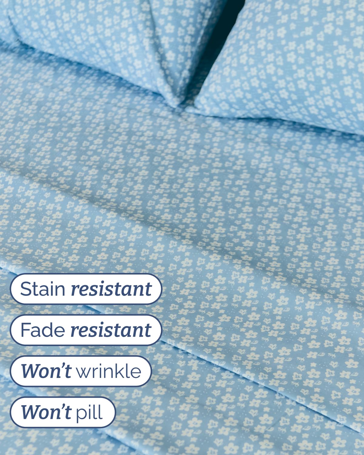 Floral Sheets - Blue Floral Bed Sheet Set - 1 Flat, 1 Fitted & 2 Pillowcases w/ Deep Pockets - Comfy, Wrinkle & Fade Free - Boho Botanical Bedding - Ultra-Soft, Breathable & Cooling - Queen Size Set