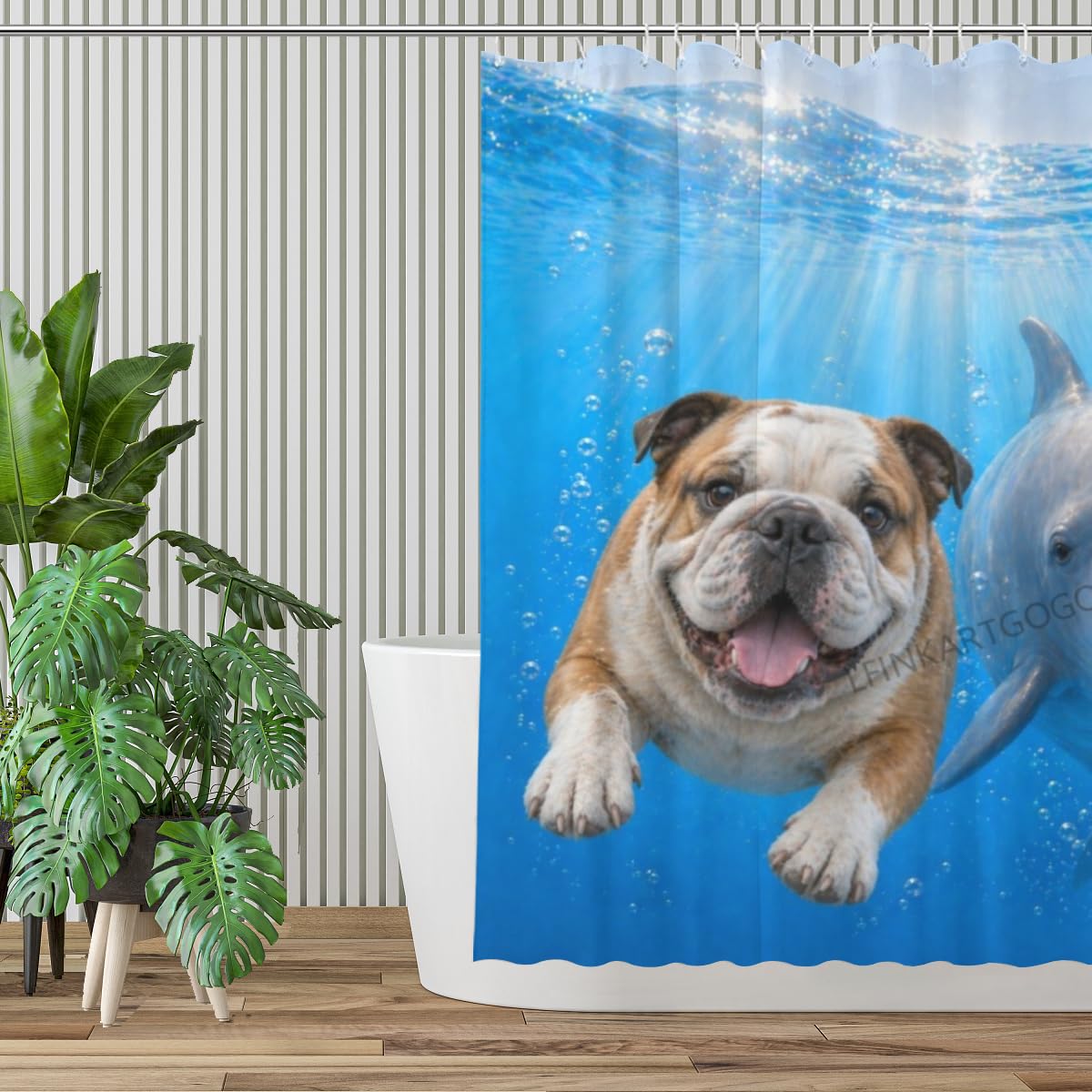 LFINKARTGOGO Ocean Bulldog Shower Curtain 72x72 with 12 Hooks Underwater Animal Dolphin Waterproof Washable Polyester Bath Curtain for Home Hotel Decor
