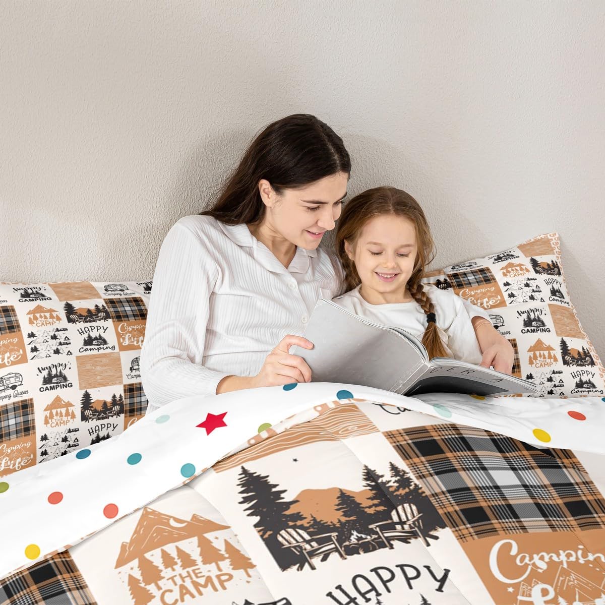 Erosebridal Happy Camping Bedding Set for Kids Kawaii Camper Comforter Set, Camping Adventure Duvet Insert Orange White Patchwork Quilt Comforter, Cartoon RV Car Bedding Comforters & Sets Breathable