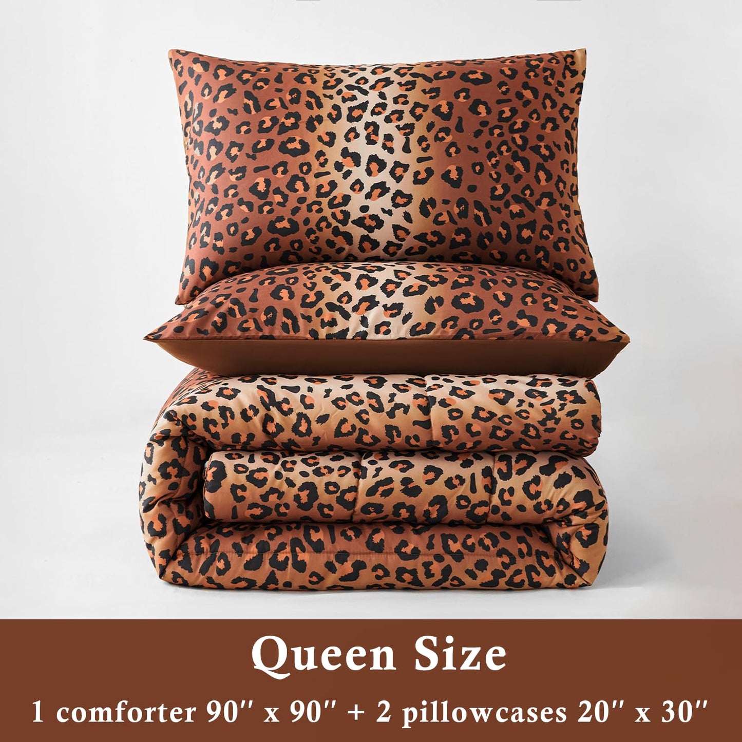 PERFEMET Cheetah Print Comforter Set Queen, 3 Pieces Animal Leopard Print Bedding Set with 2 Pillowcases, Soft Fluffy Farmhouse Leopard Pattern Bed Set for All Season (Brown, Queen)