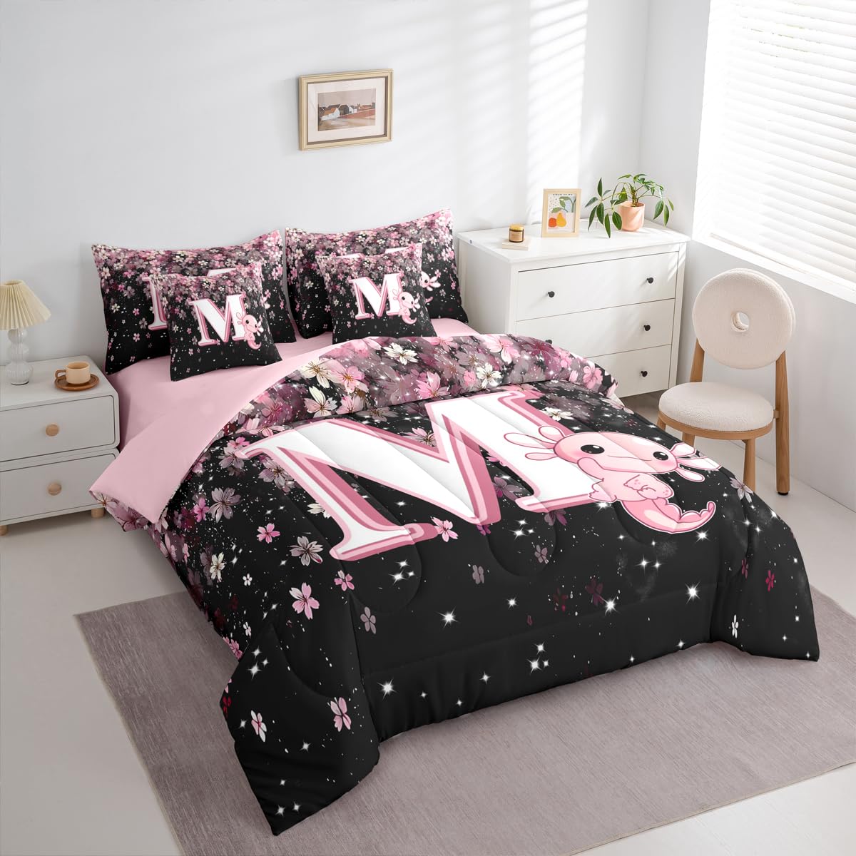 Erosebridal Twin Size Pink Black Alphabet M Bed in A Bag with Cute Axolotl Design - Japanese Cherry Blossom 7 Pieces Bedding Set Cute Axolotl Comforter Set with Sheets Initial Letter Gift for Her