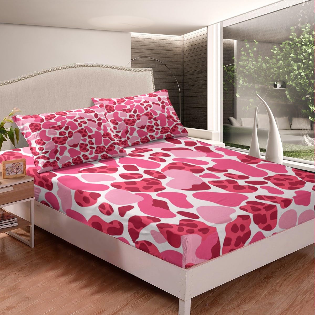 Feelyou Leopard Fitted Sheet Queen Size Cheetah Bed Sheet Set for Boys Teens Decor Hot Pink Bedding Set Safari Bed Cover Bedroom Animal Print Bed Set 3Pcs