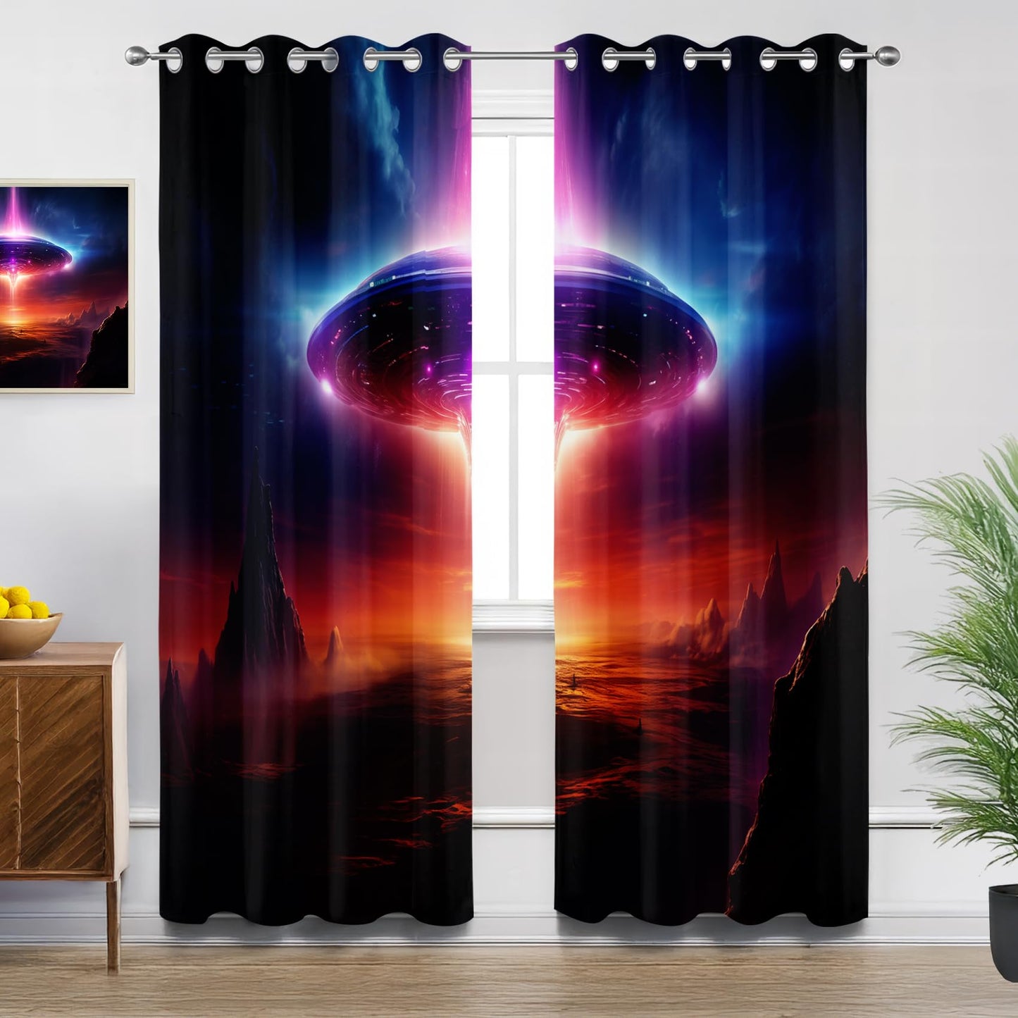 UFO Curtains Blackout, Alien Sci Fi Futuristic Spaceship Black Out Curtains 63 Inch Long Printed, Room Darkening Thermal Insulated Grommet Drapes for Bedroom Living Room