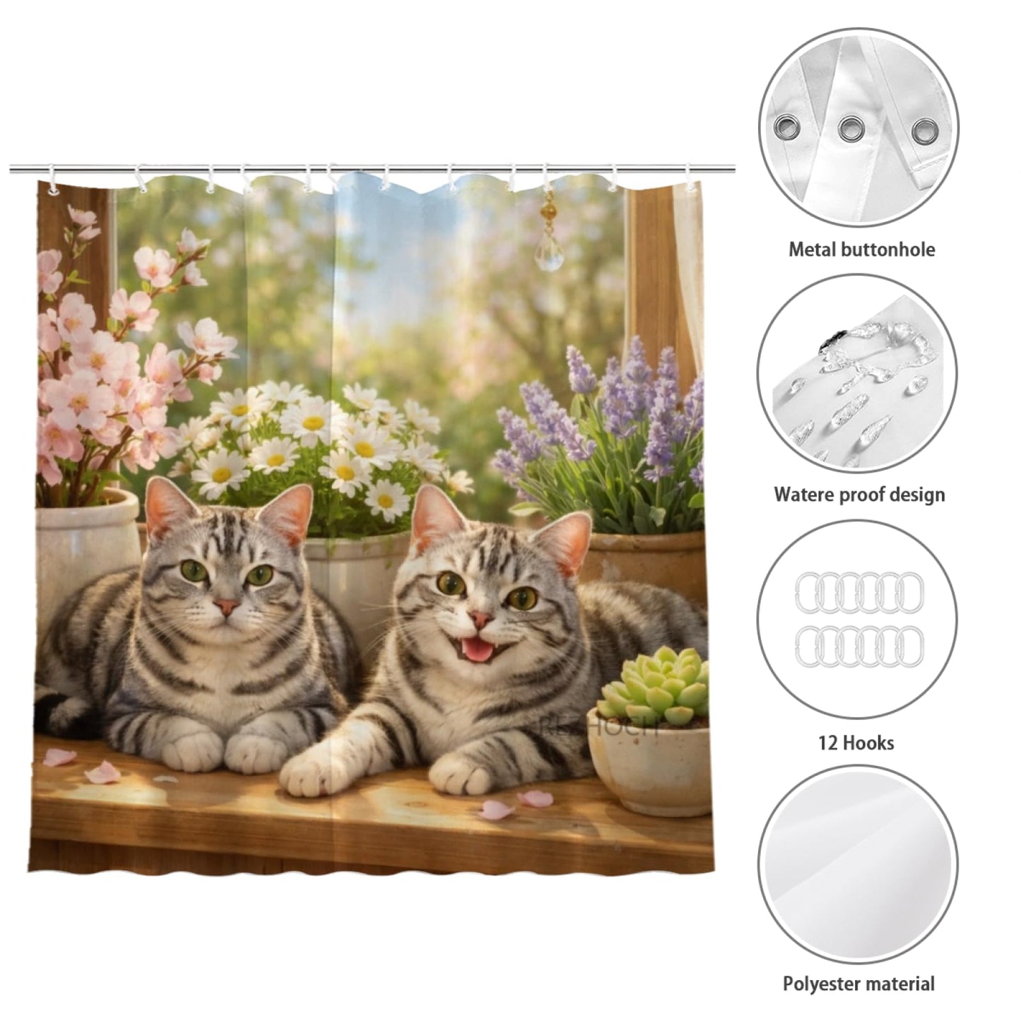 REZHOCH Fun American Shorthair Cat Shower Curtain 72x72Inch Cute Animals Home Bathroom Decor,Spring Summer Floral Window Scene Rustic Farmhouse Plants Soft Pastel Nature Waterproof Bath Set