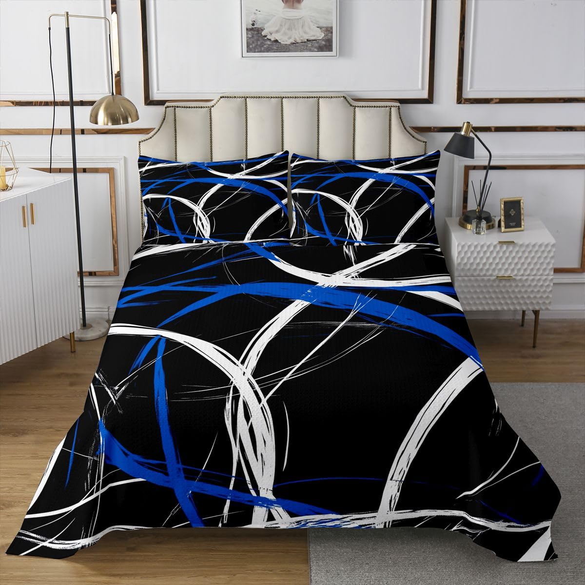 jejeloiu Modern Abstract Bedspread Quilts Blue Stripe Coverlet Set Queen Size for Kids Boys Girls Geometric Aesthetic Quilted Coverlet for All Season with 2 Pillowcases Microfiber