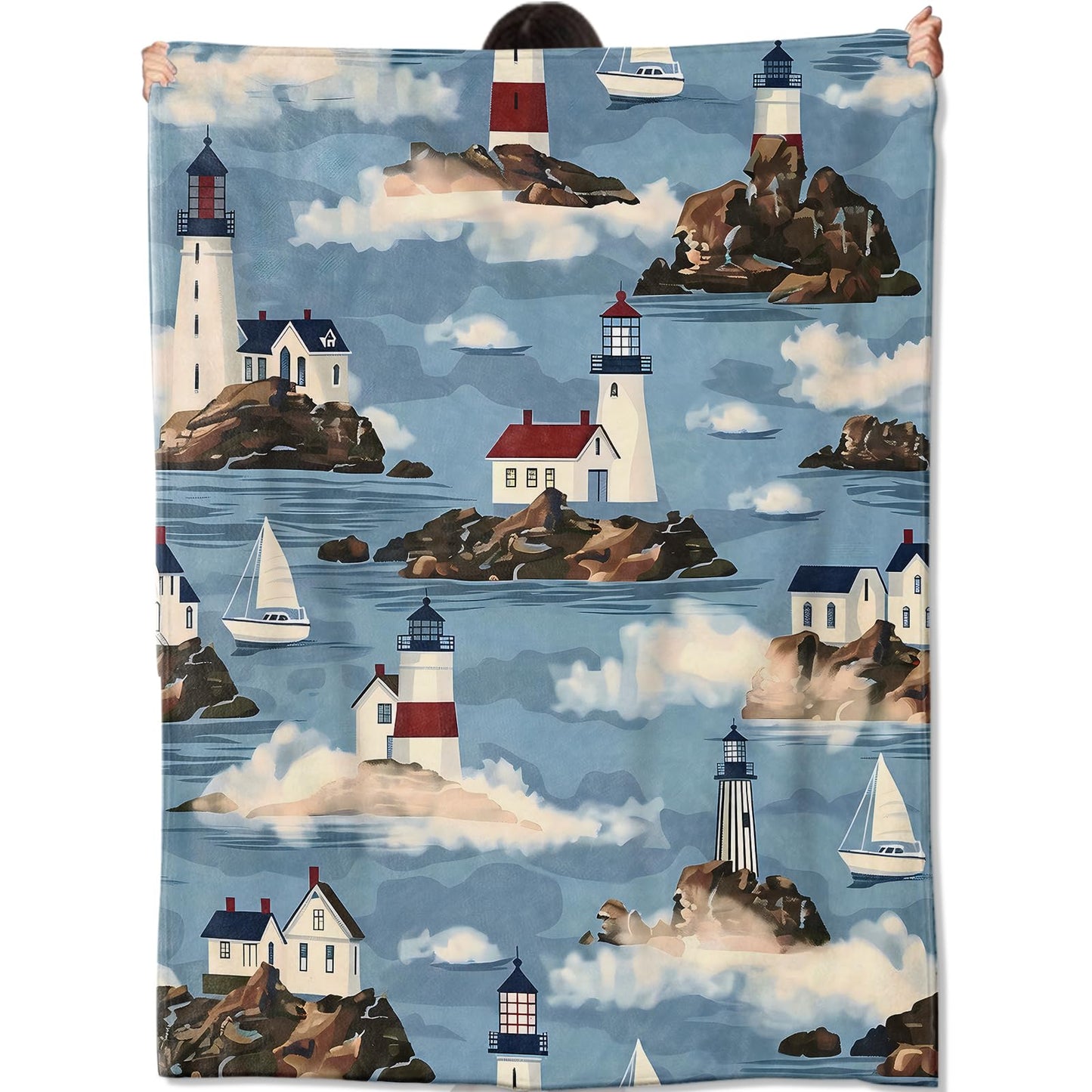 amepay Coastal Lighthouse Blanket Gifts for Kids Women Adult Girls,Sailboat Scenic Seascapes Cloud Throw Blankets,Soft Comfy Lightweight for Home Couch Bed Sofa Christmas Decor,Nautical Art 50x60in