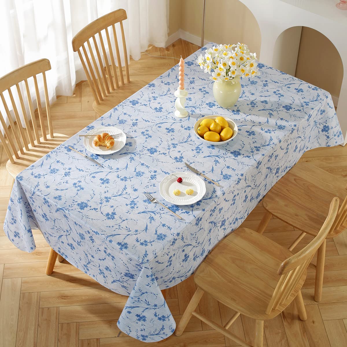 SASTYBALE Vinyl Tablecloth with Flannel Backing Rectangle 52 x 70 Inch, Floral Waterproof Wipe-able Rustic Plastic Tablecloth, Pastoral Table Cover for Dining, Picnic, Indoor, Outdoor, Blue