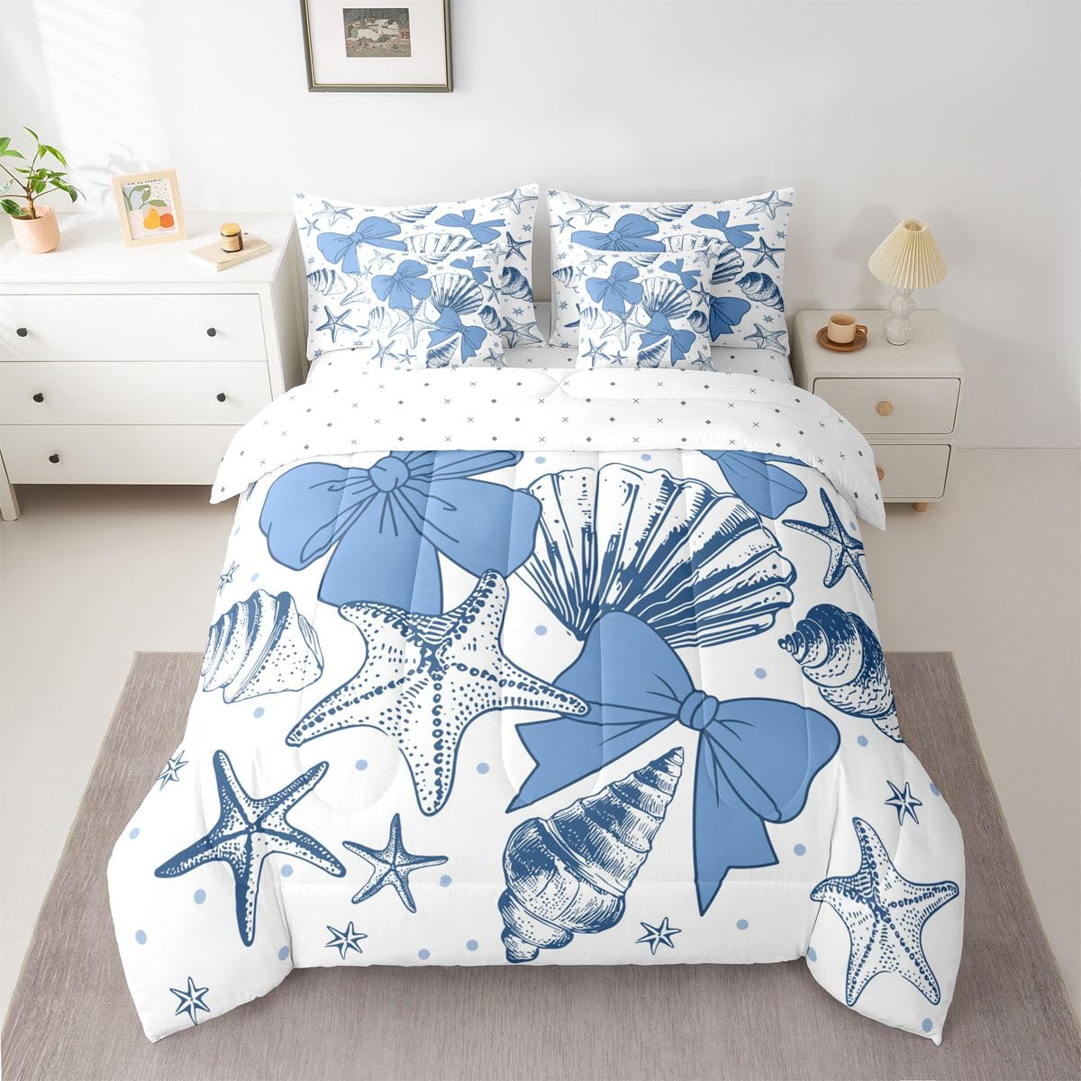 Feelyou Starfish Beach Comforter Set with Sheets 7 Piece King Size Blue Bow Bedding Set for Kids Boys Girls Ocean Marine Shell Bed in a Bag Bow Knot Print Room Decor Coastal Beach Ocean