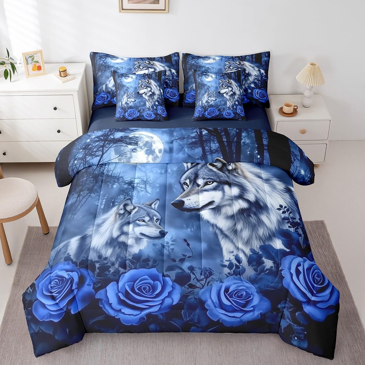 Erosebridal Wolf Couple Bedding Set Moon Blue Rose Flower Bed in A Bag with Sheets for Kids Adults Men Women,Woodland Animal Twin Comforter Set 7 Piece Tree Branches Wildlife Bed Set Bedroom Decor