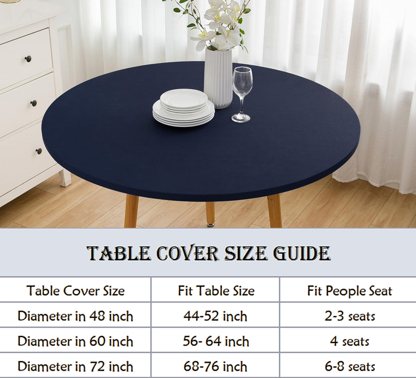 Wolkemer 5ft Fitted Round Tablecloth Spandex Stretch Cocktail Table Cover Elastic Edge Navy Table Topper Cap for Dining Wedding Party Picnic 60 Inch