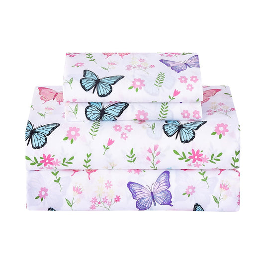 Softan Kids Bed Sheet Set, 4-Piece Full Size Sheets, Microfiber Fitted Sheet with Corner Straps, Breathable & Silky Soft Butterfly Flower Printed Sheet and Pillowcase Sets