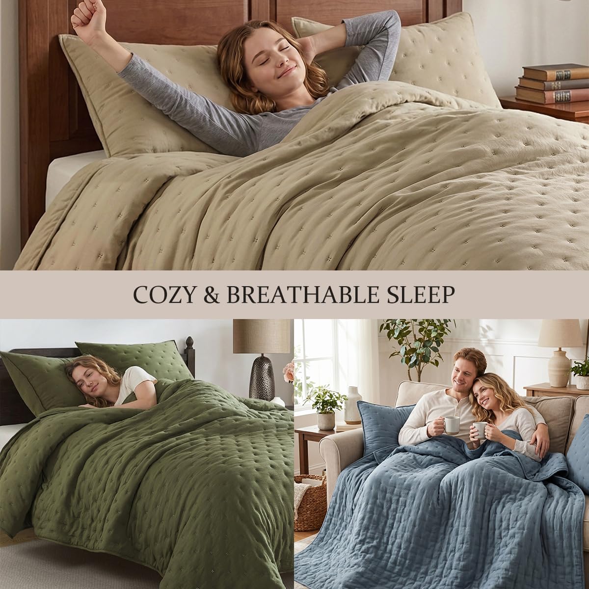 ROARINGWILD Olive Green Cloud Twin Size Quilt Bedding Sets with Pillow Sham, Farmhouse Lightweight Soft Bedspread Coverlet, All Season Rustic Country Thin Comforter, 2 Pieces, 68x90 inches
