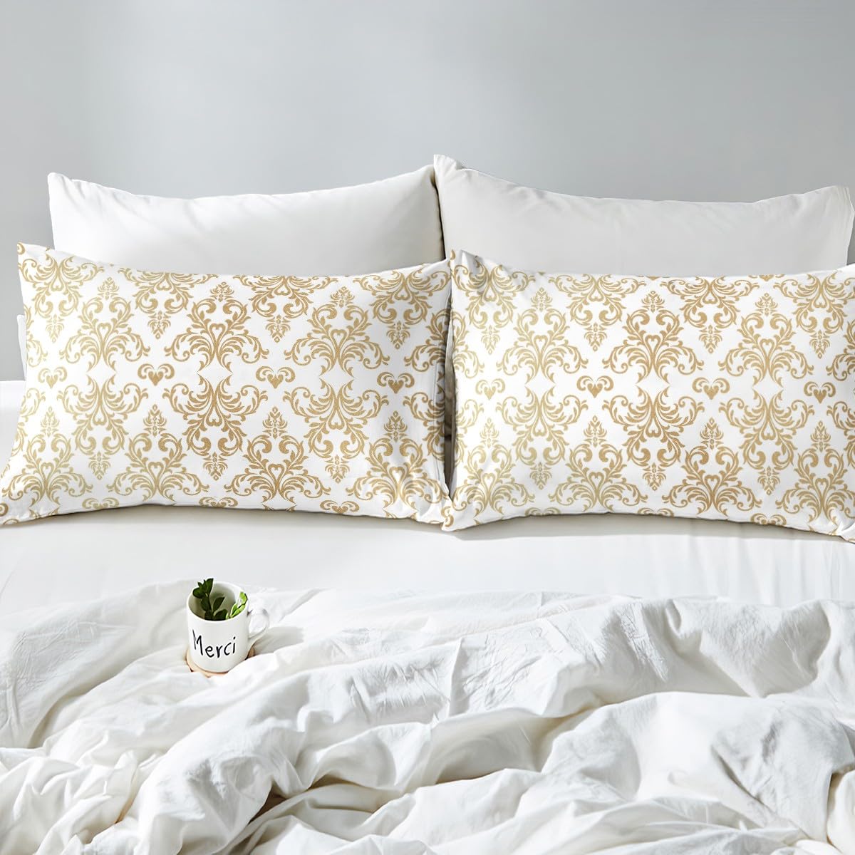 Feelyou Jacquard Damask Bedding Set King Size Floral Duvet Cover for Adult Boys Girls Teens Boho Comforter Cover Set White Gold Bedspread Cover 3Pcs Zipper