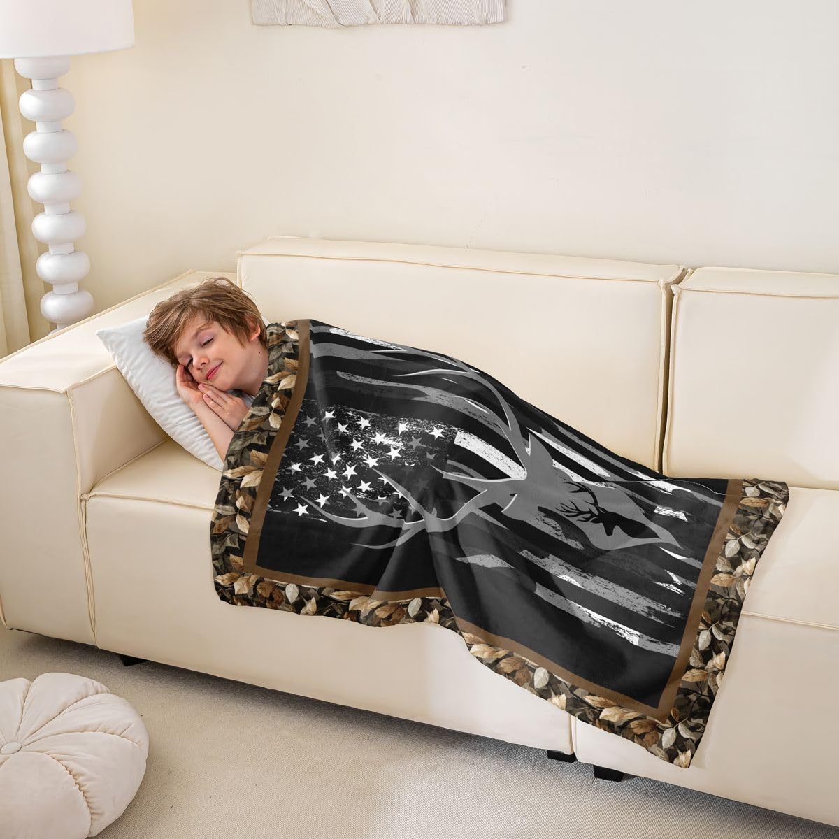 Erosebridal Wild Deer Blanket for Boys,American Flag Throw Blanket 40x50 Inch,Hunting Animal Fleece Blanket All Season,Geometric Striped Fuzzy Blanket for Bedroom