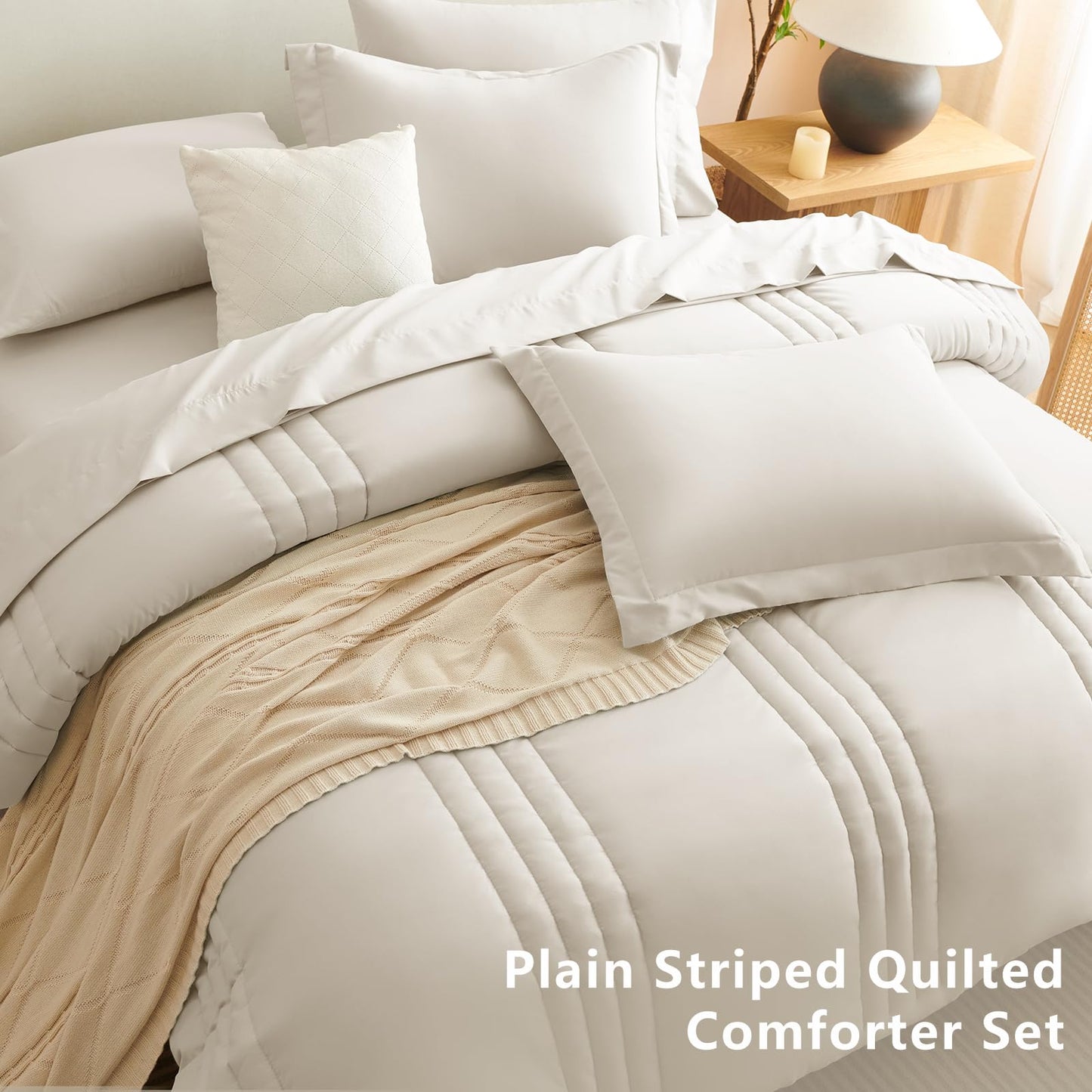 CozyLux Queen Comforter Set Beige - 7 Pieces Bed in a Bag, Modern Vertical Quilted Room Decor, Soft All-Season Bedding Gift with Comforter, Sheets, Pillowcases & Shams