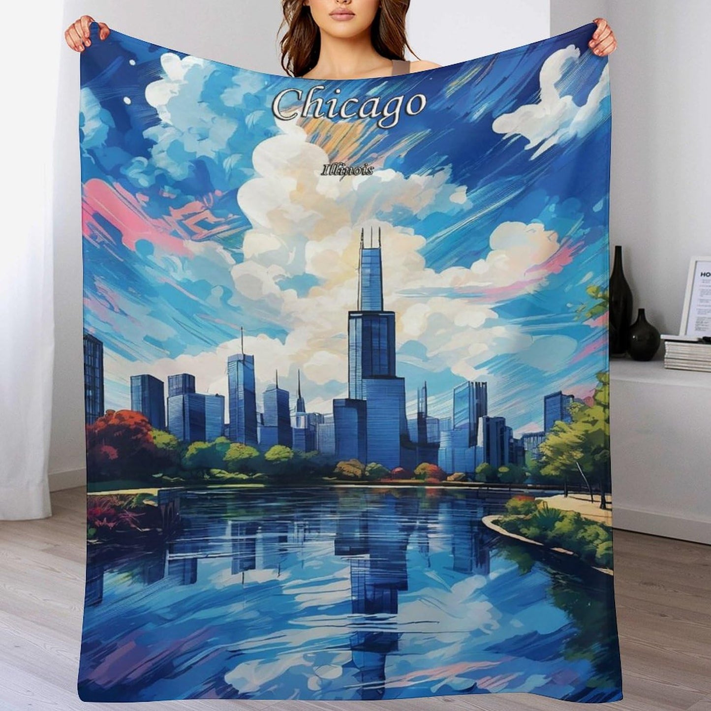 Chicago Illinois City Skyline Landscape Abstract Blanket Soft Flannel Lightweight Blanket Outdoor Travel Carry Living Room Bedroom Sofa Decoration Gifts 50x60 Inch
