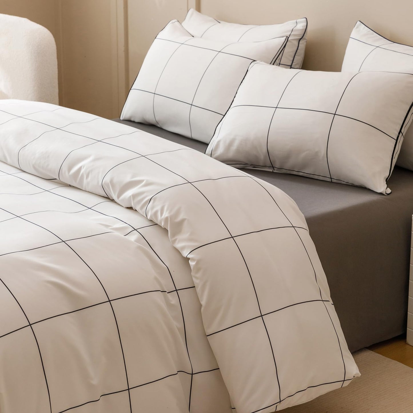 KAREVER White Grid Comforter Full Women Black Square Lines Checkered Bedding Set Full White Plaid Comforter Full Size
