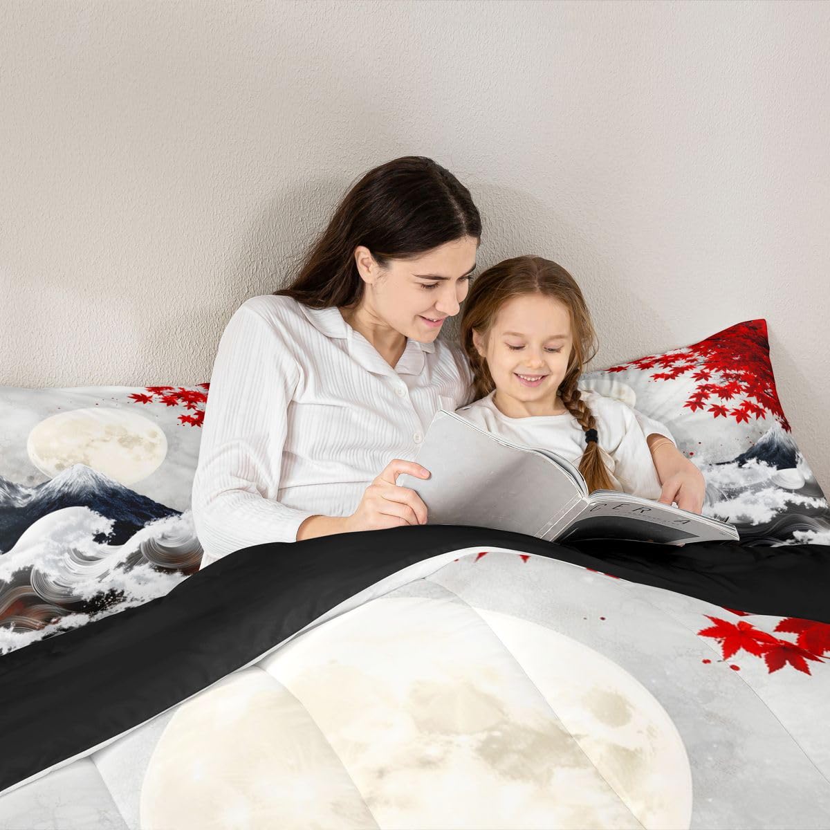jejeloiu Japanese Wave Bedding Set Soft for Boys Girls, Japanese Style Comforter Set Queen Size Cherry Blossom Duvet Quilt Microfiber Mountain Bedroom Decor 3 Pcs with 2 Pillow Cases