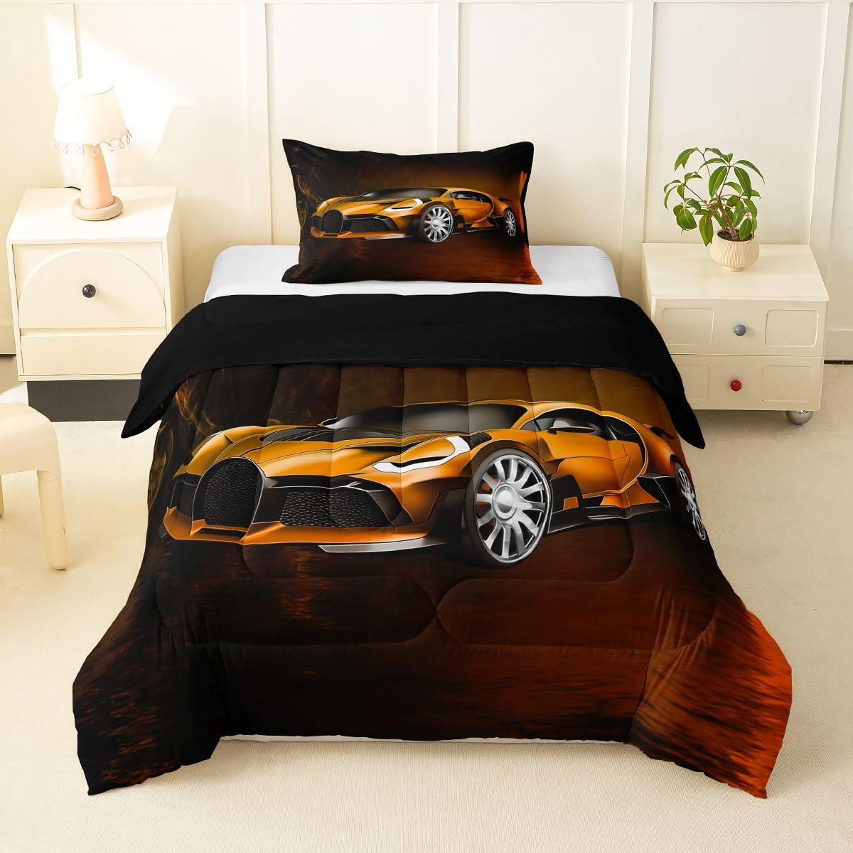 Feelyou Race Car Comforter Toddler Twin, Orange Racecar Bedding Set for Kids Boys Girls Down Duvet Insert Set Cool Speed Sports Car Bedroom Decor Quilt Comforter with 1 Pillowcase Warm Bedding