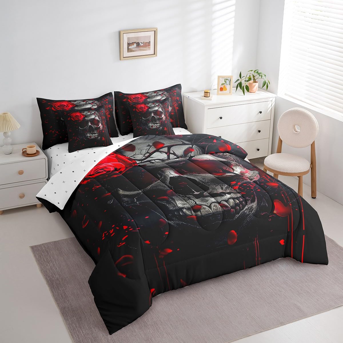 7 Pieces Twin Size Gothic Skeleton Comforter Set,Tie-dye Graffiti Rose Flower Bedding Set for Boys Girls,Trippy Skull Halloween Theme (Comforter+Fitted+Flat Sheet+2 Pillowcases+2 Throw Pillow Covers)