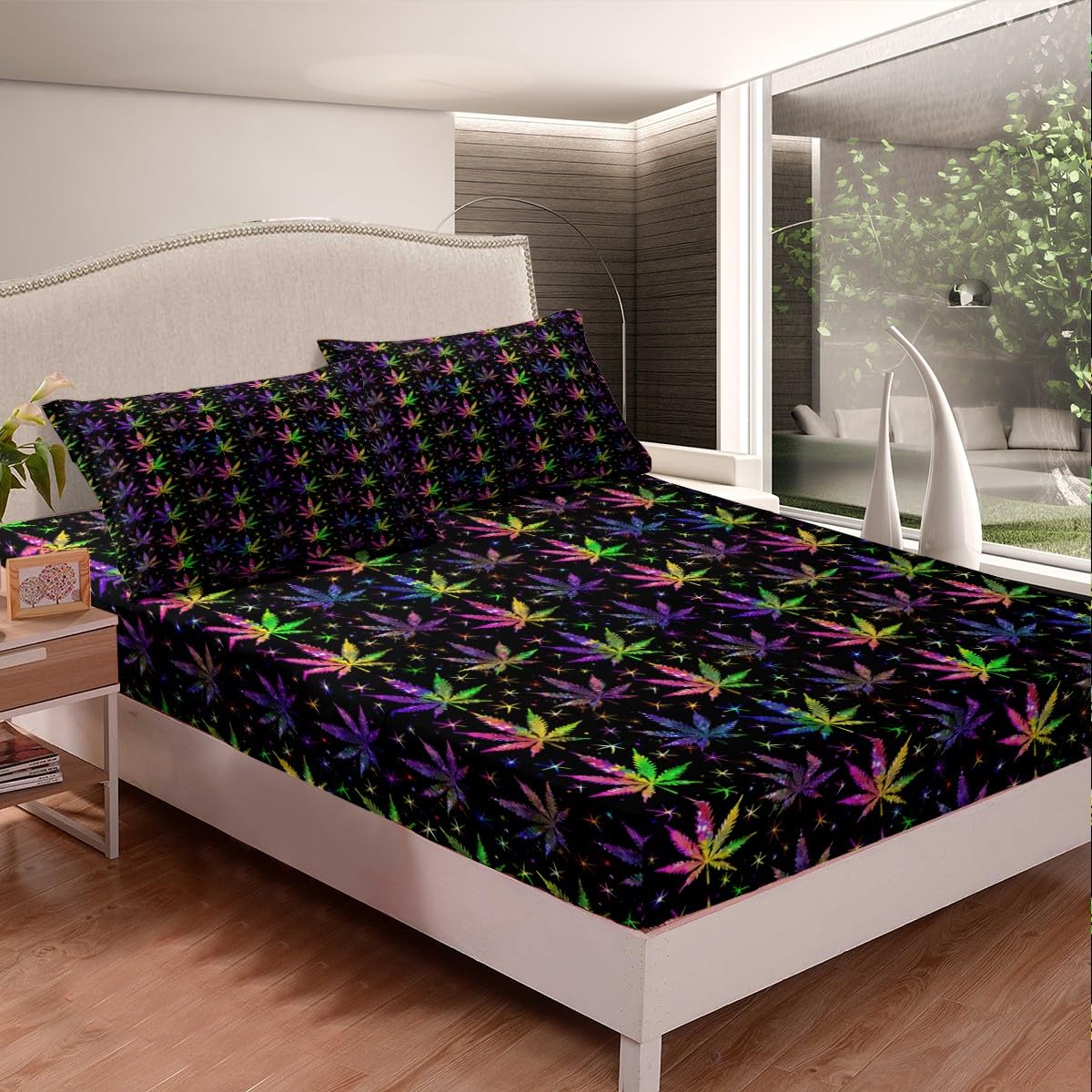 Shiny Cannabis Leaves Bed Sheet Set Twin Size,Colorful Marijuana Leaves Fitted Sheet + 1 Flat + 1 Pillow Sham,Boho Botanical Rainbow Bedding Set for Kids Boys Bedroom Xmas Gift, Soft Fabric