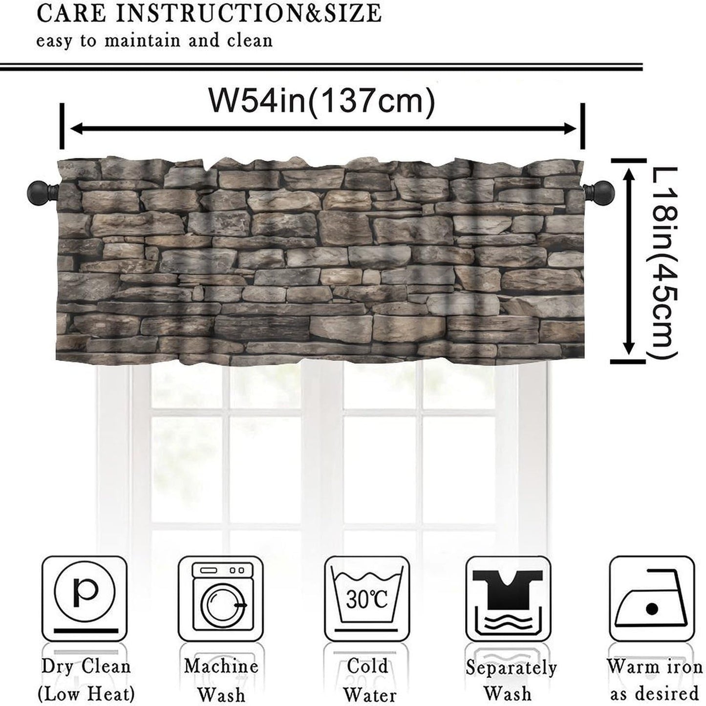 LOMADIA Retro Stone Brick Wall Kitchen Valance Curtain,Rocks Stone Wall Nature Scenery Rod Pocket Drapes Treatments Window Curtains for Living Room Office Cafe Bedroom Decor 54" W x 18" L (Pack of 1)