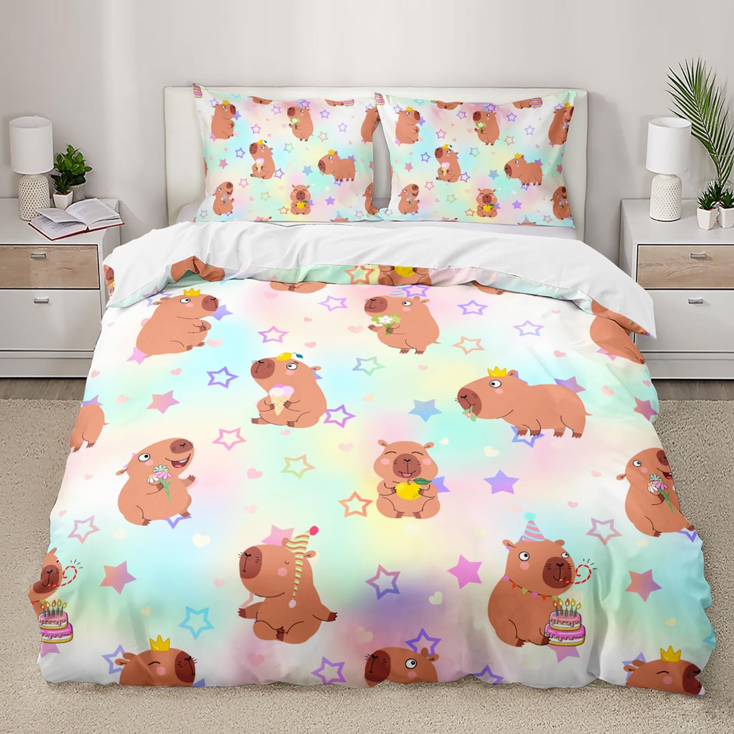 AILONEN Kawaii Capybara Duvet Cover Set Full Size,Cute Cartoon Capybara Rainbow Bedding Set for Girls Kids,Lovely Animal Star Quilt Cover & 2 Pillowcases-3 Pieces
