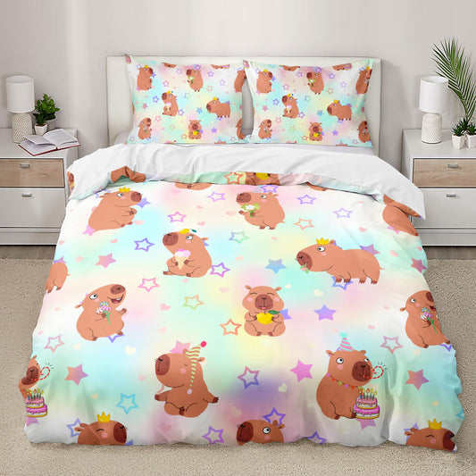 AILONEN Kawaii Capybara Duvet Cover Set Full Size,Cute Cartoon Capybara Rainbow Bedding Set for Girls Kids,Lovely Animal Star Quilt Cover & 2 Pillowcases-3 Pieces