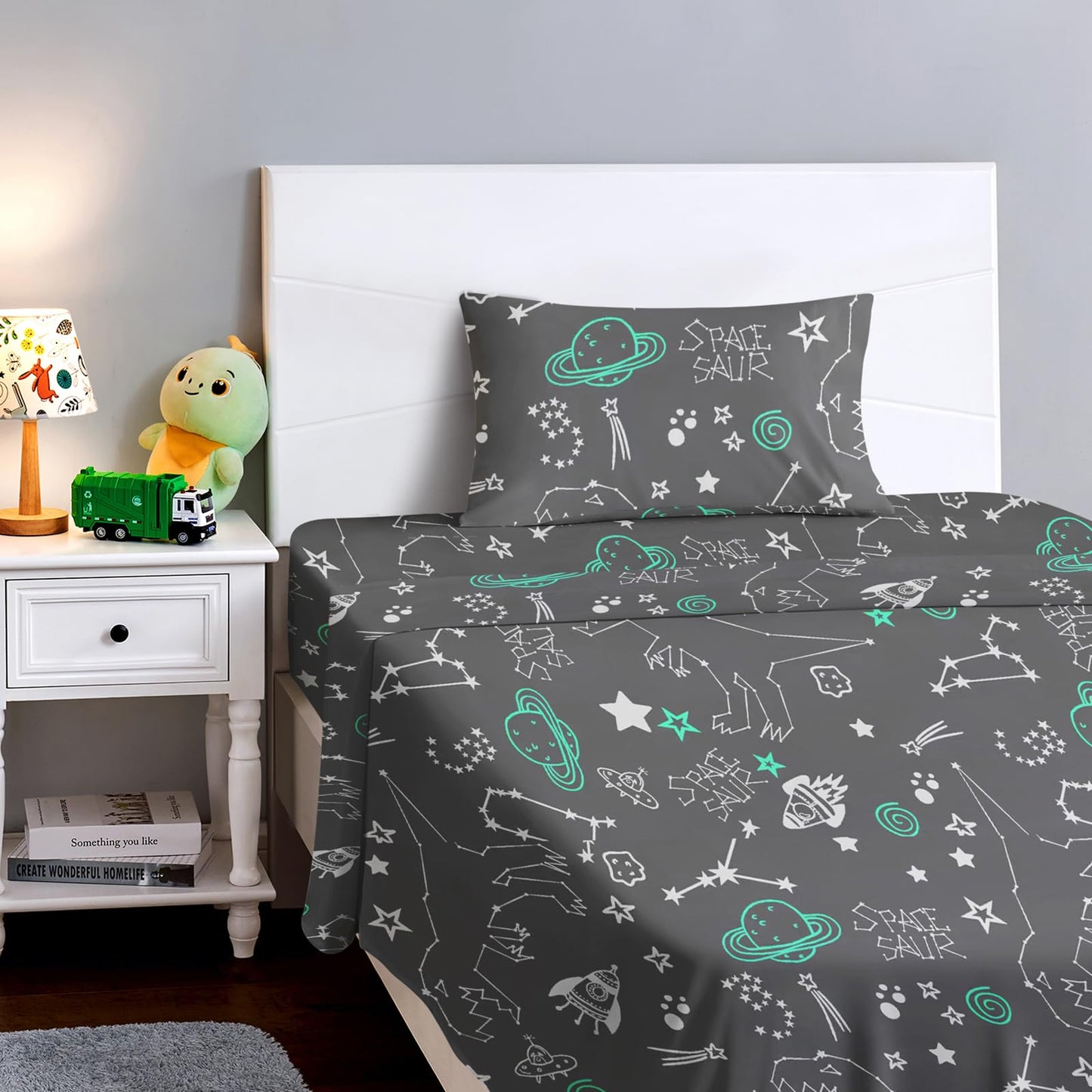 BYSURE Twin Sheets Set Kids(Space Monster, Grey), 3 Pieces Easy Fit Deep Pocket Sheets Set, Breathable Wrinkle-Free Microfiber Bedding for Children