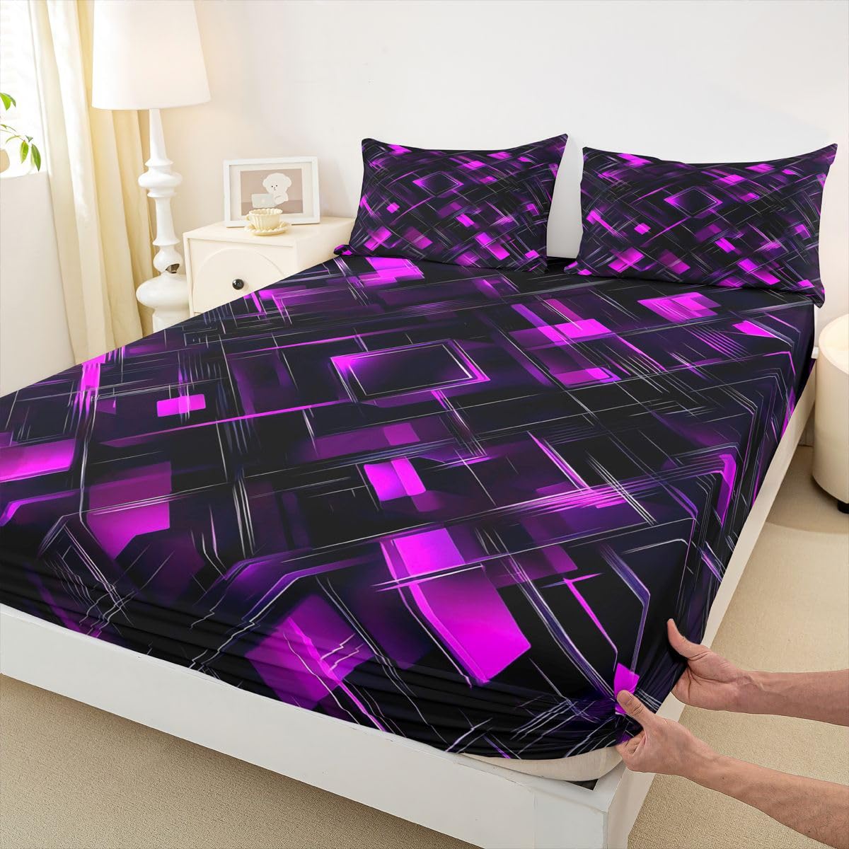 Feelyou Black Pink Bed Sheets Set Queen Size Geometric Checkered Bed Set for Kids Boys Girls Abstract Stereoscopic Grids Deep Pocket Fitted Sheet Breathable Soft Lightweight Microfiber