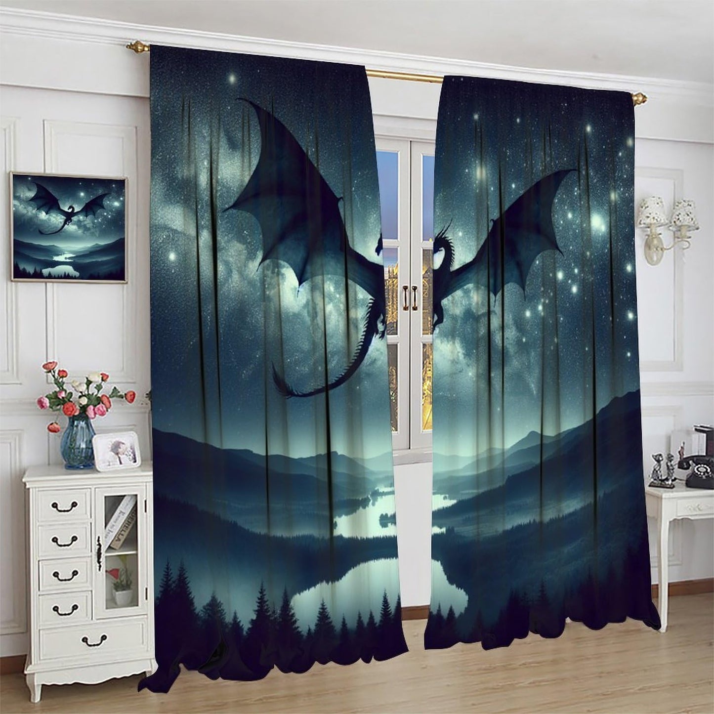 TFOSO Dragon Blackout Curtains, Fantasy Forest Night Dragon Home Decor Drapes for Boys Girls Teen Bedroom Living Room Kitchen Window Treatment 2 Panels Set Total Size 42" W X 63" L Inch