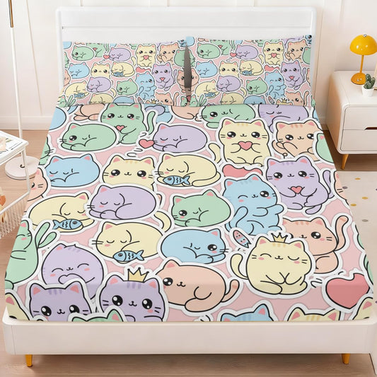 ARIGHTEX Cute Cat Fitted Sheet Set Twin Size, 3 Pieces Cozy Kawaii Bedding for Stress Relief Sleep, Pastel Cartoon Kitty Microfiber Deep Pocket Bed Sheets with 2 Pillowcases (No Flat Sheet)