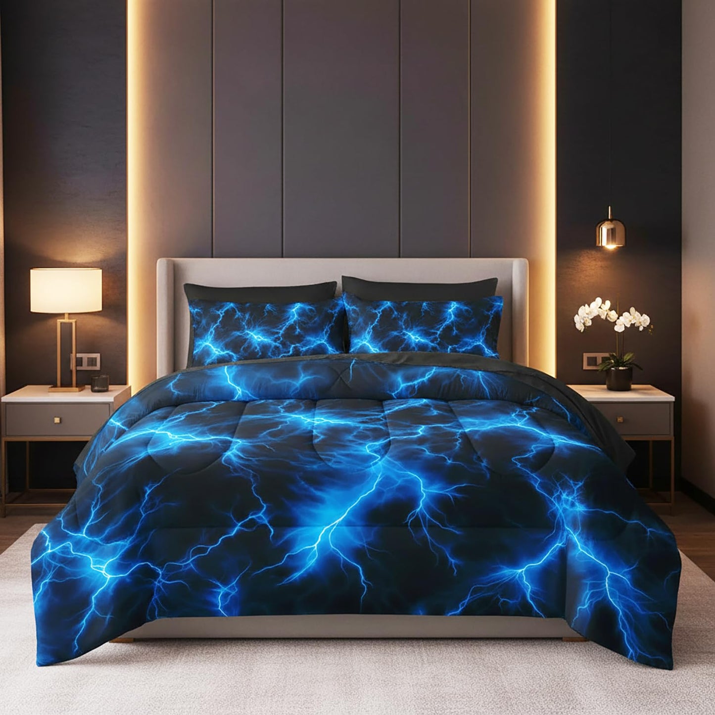QOOMO Blue Lightning 7 Pieces Comforter Set Queen Size,Lightning Bedding Set for Kids-Include 1 Comforter,1 Fitted Sheet,1 Flat Sheet,2 Printing Pillowcases and 2 Black Pillowcases