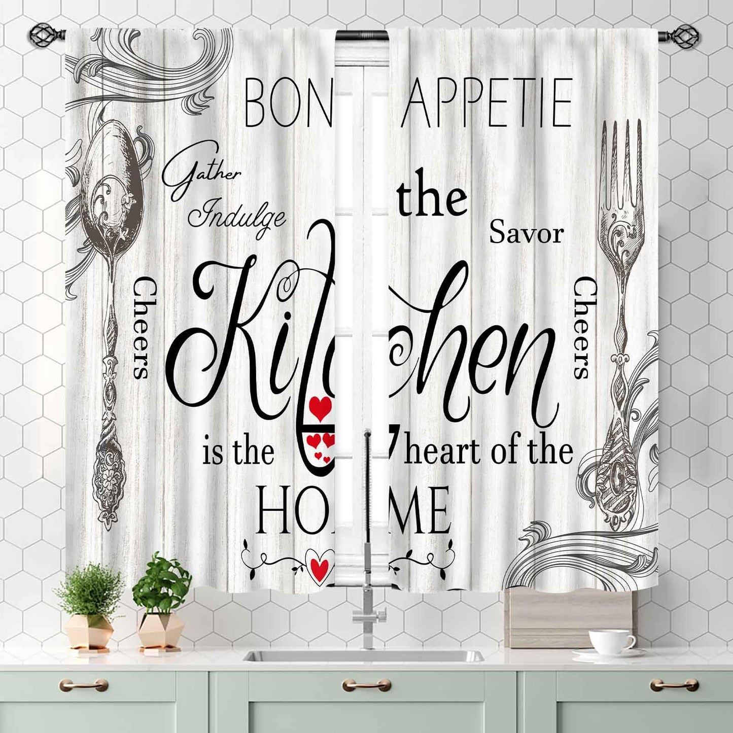Rustic Kitchen Curtians, Fork and Spoon Woodern Plank Board Cook Theme Farmhouse Vintage Cottage Blackout Cafe Living Room Bedroom Small Short Window Curtains Drapes Treatments 2 Panel Set, 55x39 Inch