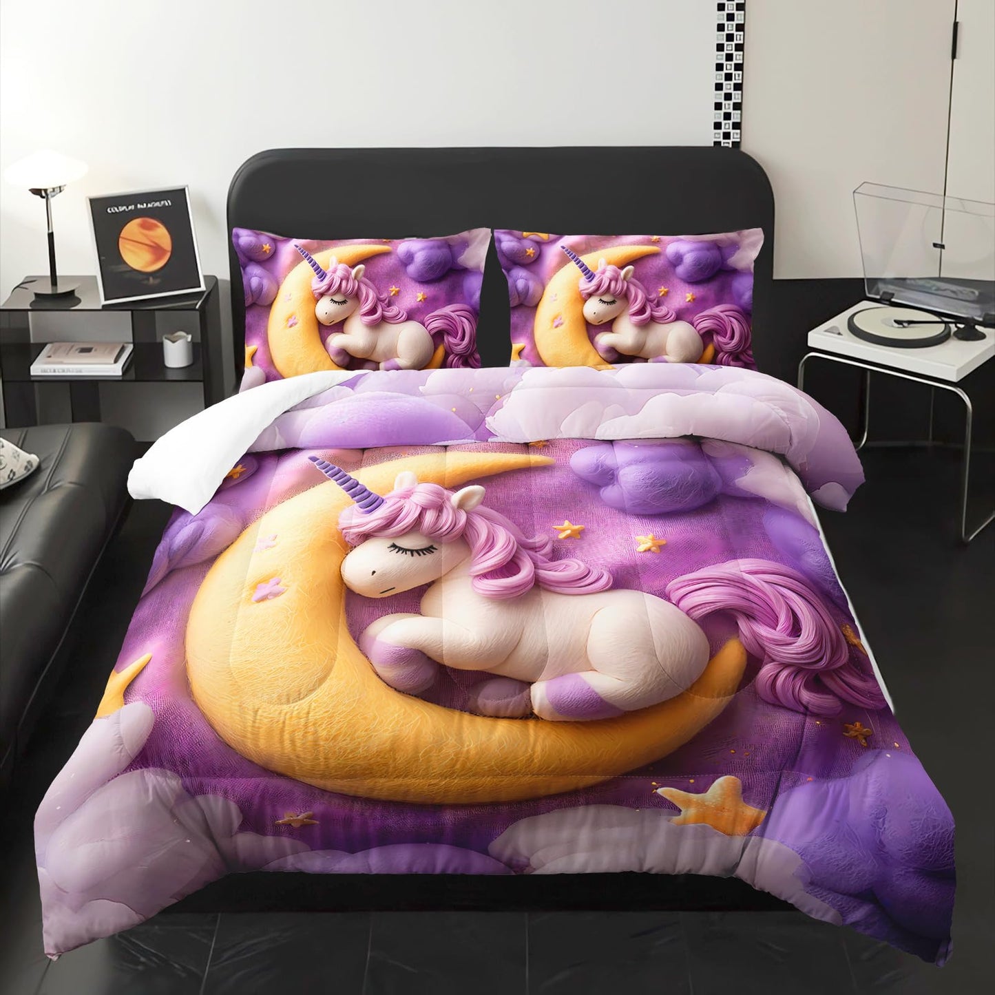 lneffble Purple Unicorn Full Bed Sheets and Comforter Set Kids Girls，Galaxy Unicorn Full Bedding Sets for Girls，with 1 Comforter with 2 Pillow Case