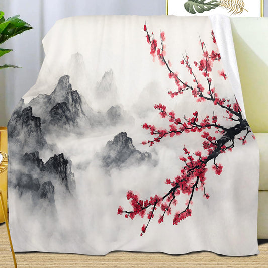 PAOABIU Cherry Blossoms Blankets, Japanese Throw Blanket for Couch Bed Sofa, Vintage Painting Blankets and Throws - Super Soft Cozy Plush Flannel Blanket Gifts & Decor, 66x90