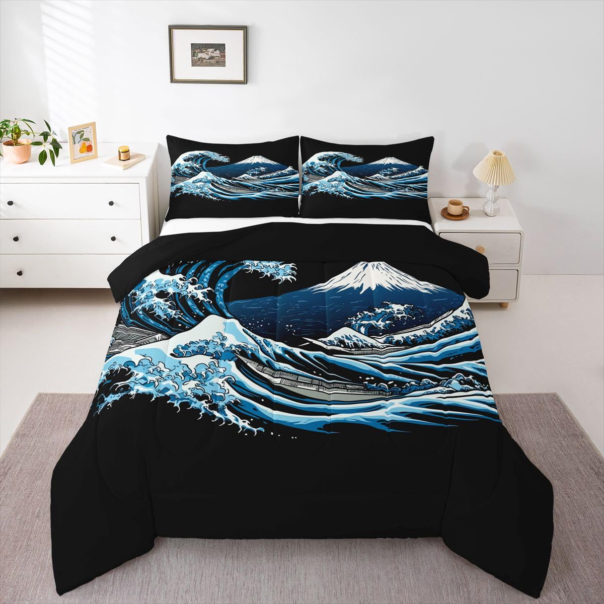 jejeloiu Wave Pattern Comforter Set Queen Size Japanese Style Bedding Set for Kids Boys Girls Mountain Duvet Quilt Ocean Wave Bedroom Decor Microfiber 3 Pcs with 2 Pillow Cases