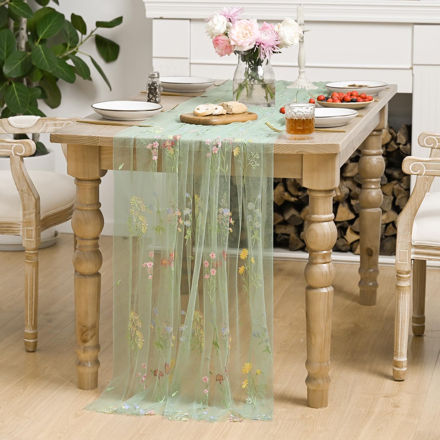 Horaldaily Embroidery Flower Plant Green Gauze Tablecloth 60×84 Inch Rectangular, Spring Summer Tulle Table Cover, Garden Party Decorations for DIY, Wedding, Party, Holiday Dining Decor