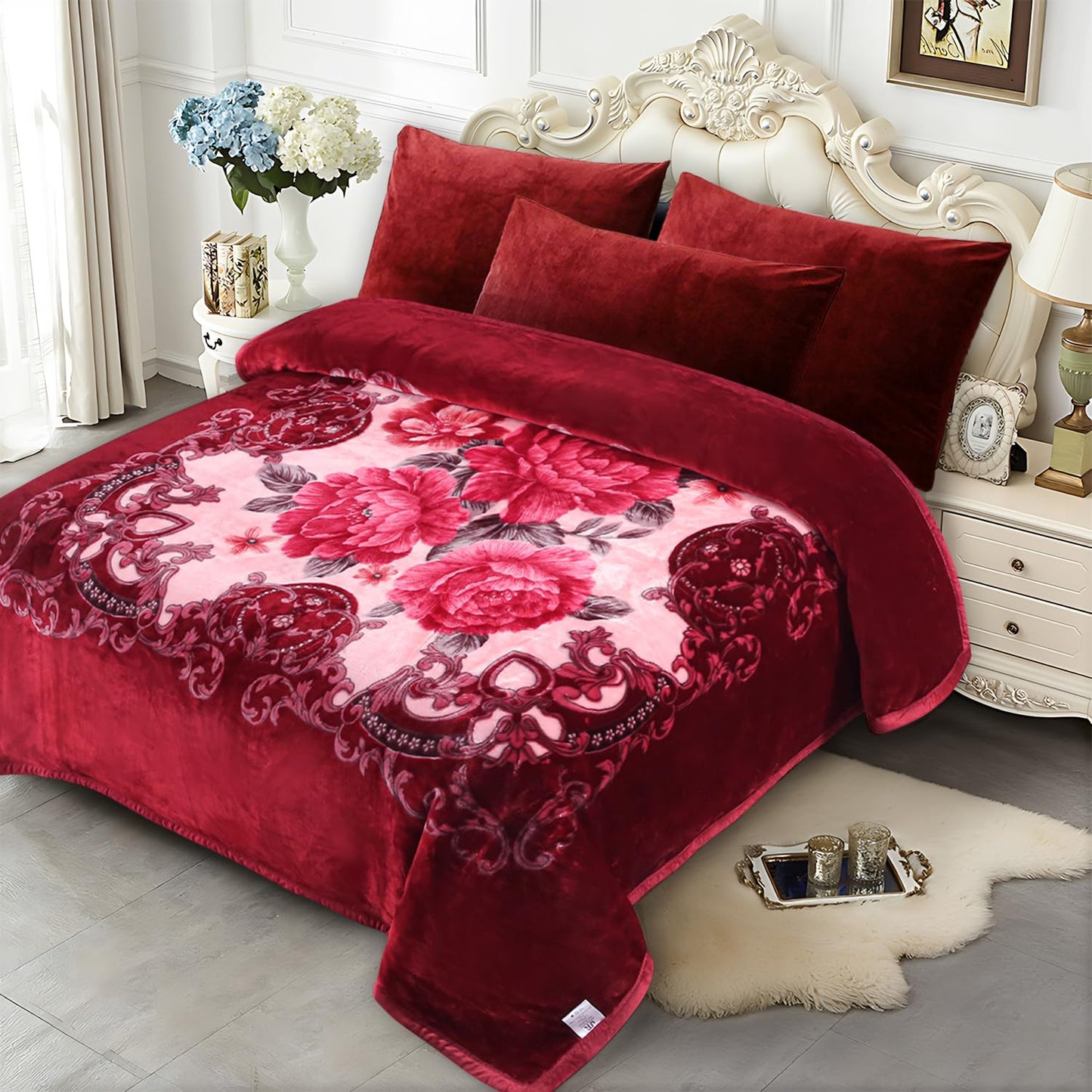 JYK Soft Fleece Bed Blanket Queen Size A&B Pattern Rose/Rose - 520GSM Fuzzy Cozy Luxury Warm Blanket Microfiber, 2 Ply Reversible Room Home Decor Christmas Decorations, 75" x 87 inches, 5 LB