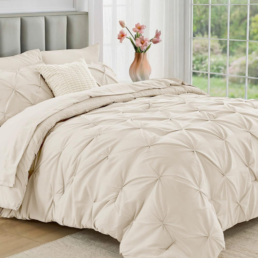 JOLLYVOGUE Queen Comforter Set 7 Pieces - Bed in a Bag Queen for All Season, Pintuck Bedding Comforter Sets with Comforter, Flat Sheet, Fitted Sheet and Pillowcases & Shams, Beige