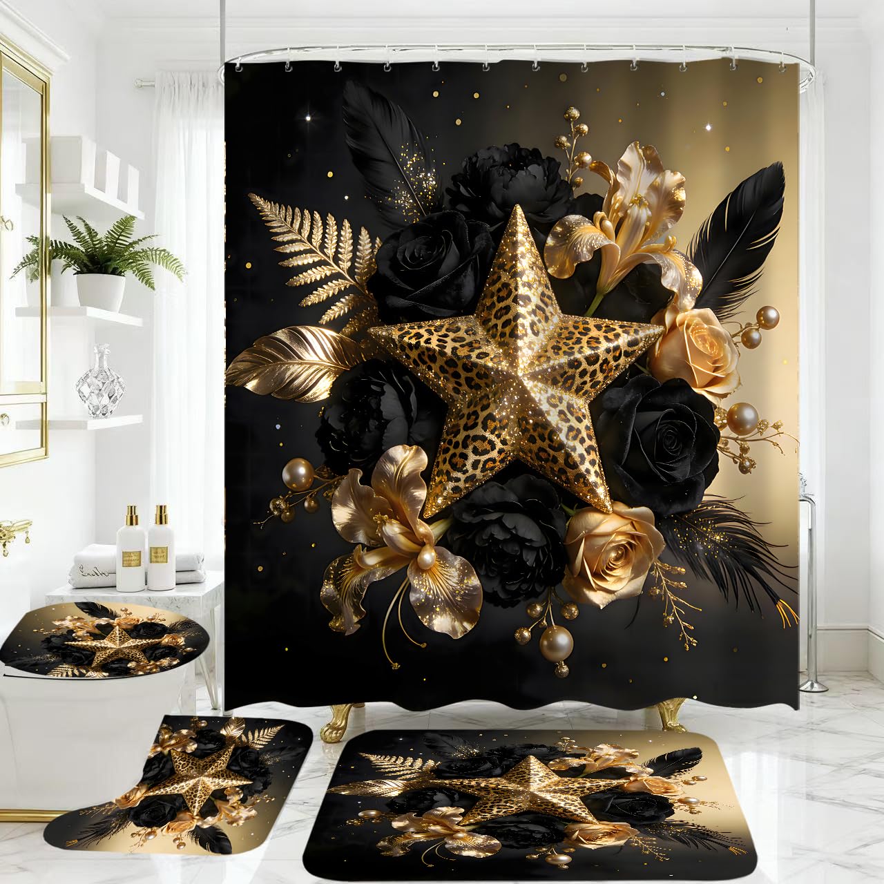 Black and Gold Shower Curtain Sets with Rugs, Luxury Leopard Star Floral Bathroom Decor, 4 Piece African Animal Print Bath Set with Non-Slip Rug, Toilet Lid Cover and Bath Mat, Waterproof Fabric