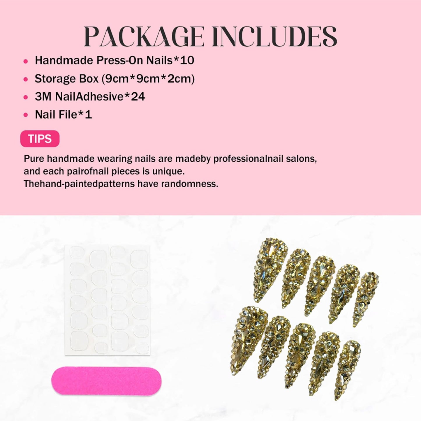 Almond Press on Nails Long Gold Rhinestones Handmade Fake Nails Luxury Full Cover False Nails with 3D Designs Acrylic Nails Press Ons Sparkly Reusable Glue on Nail for Women 10Pcs(Size M)
