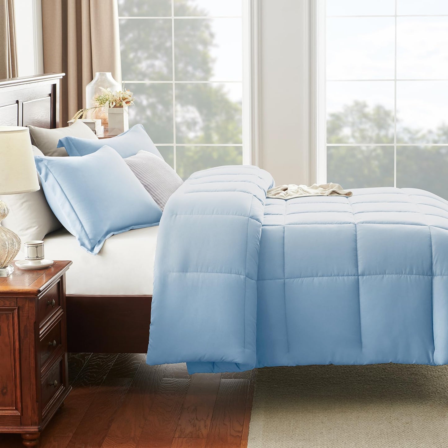 CozyLux Queen Comforter Set - 270GSM Baby Blue Bedding Sets for All Seasons, 3 Pieces Box Stitched Bed Set with 1 Down Alternative Comforter and 2 Pillow Shams, Soft, Lightweight, Breathable