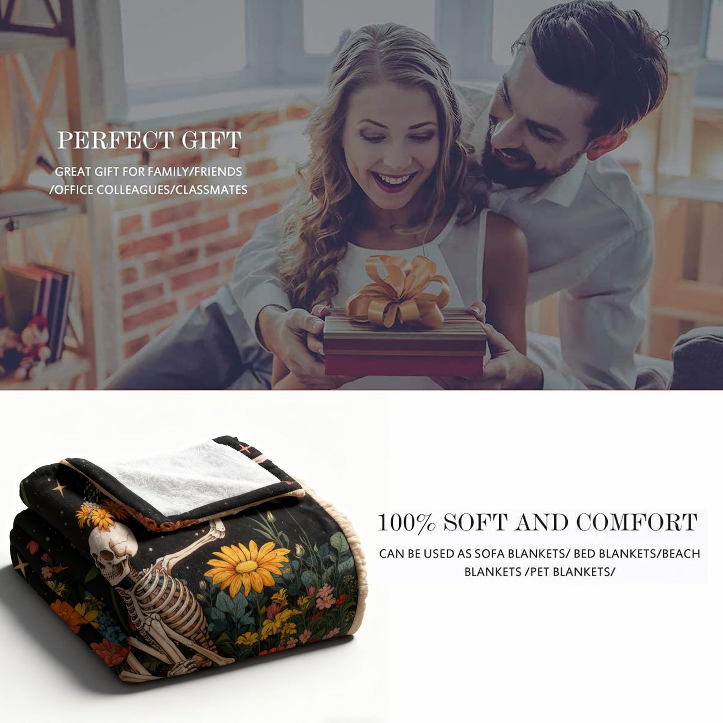 kampdream Life & Hope Flannel Blanket, Skeleton Watering Flowers, Super Soft & Warm Couch Sofa Living Room Optimistic Decor Ideal Gift for Family Friends 50×60 inch